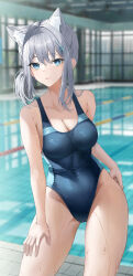 Rule 34 | 1girl, absurdres, animal ear fluff, animal ears, bare shoulders, blue archive, blue eyes, blue one-piece swimsuit, breasts, cleavage, competition swimsuit, covered navel, cowboy shot, cross, cross hair ornament, extra ears, grey hair, hair ornament, hand on own thigh, highleg, highleg swimsuit, highres, inverted cross, kuro (rudyan0128), leaning forward, looking at viewer, low ponytail, medium breasts, mismatched pupils, multicolored clothes, multicolored swimsuit, official alternate costume, one-piece swimsuit, shiroko (blue archive), shiroko (swimsuit) (blue archive), side ponytail, sidelocks, solo, swimsuit, two-tone swimsuit, wet, wet clothes, wet swimsuit, wolf ears