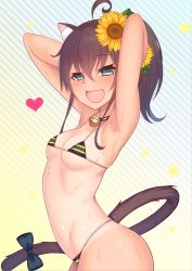 Rule 34 | 1girl, :d, ahoge, animal ear fluff, animal ears, arms up, bare arms, bare shoulders, bell, bikini, blue eyes, blush, breasts, brown hair, cat ears, cat girl, cat tail, commentary request, diagonal stripes, fang, flower, groin, hair between eyes, hair flower, hair ornament, heart, high ponytail, highres, hololive, jingle bell, looking at viewer, micro bikini, natsuiro matsuri, one-piece tan, open mouth, ponytail, small breasts, smile, solo, star (symbol), striped background, striped bikini, striped clothes, sunflower, sunflower hair ornament, swimsuit, tail, tan, tanline, virtual youtuber, wet, yellow flower, yoshiheihe
