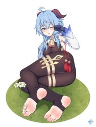 Rule 34 | 1girl, ahoge, artist logo, ass, bell, blue gloves, blue hair, blush, bodysuit, breasts, brown bodysuit, commentary, cowbell, curled horns, detached sleeves, english commentary, feet, flower, full body, ganyu (genshin impact), genshin impact, gloves, goat horns, highres, horns, legs, long hair, lululewd, lying, medium breasts, nail polish, neck bell, no shoes, on side, one eye closed, open mouth, rubbing eyes, soles, solo, stirrup legwear, thighs, toeless legwear, toenail polish, toenails, toes, white sleeves