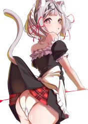 Rule 34 | animal ear fluff, animal ears, artist request, ass, cat ears, cat girl, cat tail, clothes lift, crotch seam, dress, grey hair, hair ornament, highres, hololive, lifted by tail, looking back, panties, red eyes, sakamata chloe, short hair, simple background, skirt, skirt lift, tail, thighs, underwear, virtual youtuber, white background, white panties