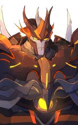 Rule 34 | colored sclera, decepticon, frown, glowing, glowing eyes, highres, hinomoto gen, looking to the side, mecha, orange sclera, portrait, predaking (transformers), robot, science fiction, solo, transformers, transformers prime, white background, yellow eyes