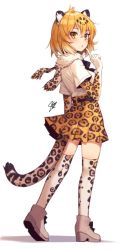 Rule 34 | 1girl, animal ears, black bow, black bowtie, blonde hair, boots, bow, bowtie, commentary request, elbow gloves, finger to mouth, footwear bow, full body, fur collar, gloves, hatagaya, high-waist skirt, jaguar (kemono friends), jaguar ears, jaguar girl, jaguar print, jaguar tail, kemono friends, pleated skirt, print gloves, print scarf, print skirt, print thighhighs, scarf, shirt, shoes, short hair, short sleeves, skirt, solo, t-shirt, tail, thighhighs, white background, white footwear, yellow eyes, zettai ryouiki