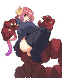 Rule 34 | 1girl, animal hands, black panties, black shirt, black thighhighs, breasts, claws, commentary, english commentary, fang, fewer digits, highres, horns, huge breasts, ilulu (maidragon), kobayashi-san chi no maidragon, long tail, looking at viewer, no shoes, open mouth, panties, pantyshot, pink hair, pointy ears, red eyes, shirt, short sleeves, simple background, solo, tail, thighhighs, underwear, vins-mousseux, white background