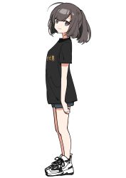 Rule 34 | 1girl, akizuki (kancolle), alternate costume, black hair, black shirt, blue shorts, closed mouth, full body, grey eyes, highres, kantai collection, looking at viewer, ponytail, sayuwan, shirt, shoes, short sleeves, shorts, simple background, sneakers, solo, standing, t-shirt, tachi-e, white background, white footwear
