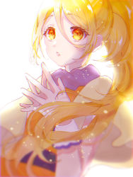 Rule 34 | 1girl, absurdres, ap (pixiv74197750), blonde hair, blurry, blurry foreground, cure etoile, floating hair, hair between eyes, highres, hugtto! precure, long hair, ponytail, precure, simple background, solo, upper body, very long hair, white background, yellow eyes