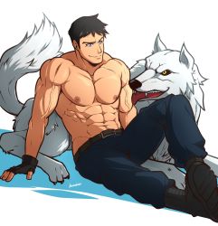 Rule 34 | 1boy, abs, animal, bara, black gloves, black hair, blue eyes, blue pants, boots, closed mouth, dc comics, fingerless gloves, gloves, highres, kon-el, kuroshinki, large pectorals, male focus, muscular, muscular male, navel, nipples, pants, pectorals, short hair, simple background, sitting, smile, superboy, topless male, veins, veiny arms, wolf, wolf (dc), young justice