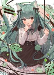 Rule 34 | 1girl, animal ears, bat wings, black bow, black dress, bow, brown eyes, cake, cat ears, chocolate mint, dress, finger to mouth, food, goma (u p), green hair, hair bow, heart, highres, long hair, long sleeves, looking at viewer, mint chocolate, original, solo, spoon, wings