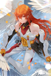 Rule 34 | 1boy, ahoge, arm guards, artist name, bird, black sleeves, blurry, blurry foreground, commentary request, crossed legs, dated, detached sleeves, earrings, fate/grand order, fate (series), feathered wings, feet out of frame, hair between eyes, hand on own knee, highres, jewelry, light smile, long hair, looking at viewer, looking up, male focus, outdoors, pants, partially submerged, rama (fate), red eyes, red hair, satoimo (3311 mi), shirt, sidelocks, sitting, smile, solo, white pants, white shirt, wings