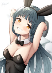 Rule 34 | 1girl, animal ears, armpits, arms behind head, arms up, bare shoulders, binsen, black bow, black bowtie, black hair, black hairband, black leotard, blurry, blurry background, bow, bowtie, breasts, brown eyes, cleavage, collar, collarbone, depth of field, detached collar, grin, hairband, highres, idolmaster, idolmaster million live!, kitakami reika, leotard, long hair, looking at viewer, low twintails, medium breasts, playboy bunny, rabbit ears, signature, simple background, smile, solo, strapless, strapless leotard, twintails, very long hair, white background, white collar, wing collar