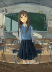 1girl brown_hair classroom female_focus indoors long_hair risu school school_uniform serafuku solo