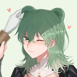 Rule 34 | 2girls, animal ears, black cloak, blush, byleth (female) (fire emblem), byleth (fire emblem), cloak, closed mouth, detached collar, grabbing another&#039;s ear, edelgard von hresvelg, fire emblem, fire emblem: three houses, gloves, green eyes, green hair, grey background, hair between eyes, hand on another&#039;s ear, headpat, heart, kemonomimi mode, kotori (b-i-r-d), lips, looking at viewer, medium hair, multiple girls, nintendo, one eye closed, out of frame, simple background, solo focus, white gloves