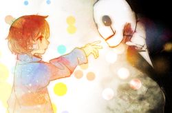Rule 34 | 1boy, androgynous, bandage on face, bandages, bandaid, bandaid on face, blood, bloody tears, brown eyes, brown hair, dust, evil smile, frisk (undertale), from side, glitter, long sleeves, noahxica, outstretched arm, parted lips, reaching, reaching towards viewer, smile, striped clothes, striped sweater, sweater, turtleneck, undertale, upper body, w.d. gaster