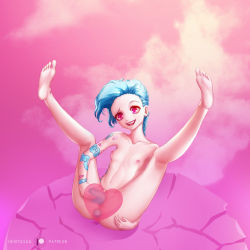 Rule 34 | 1girl, anal, ass, barefoot, blue eyes, blue hair, breasts, collarbone, hentaiga, highres, jinx (league of legends), league of legends, nipples, pussy, tattoo