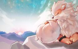 Rule 34 | arcanine, commentary request, creatures (company), day, closed eyes, fangs, game freak, gen 1 pokemon, kurokuma824, licking, lying, nintendo, no humans, on stomach, open mouth, outdoors, pokemon, pokemon (creature), solo, sun, sunset, tongue, tongue out