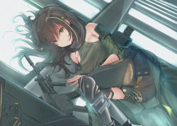 Rule 34 | 1girl, arm strap, armband, armor, assault rifle, asymmetrical legwear, bare shoulders, between legs, breasts, brown eyes, brown hair, case, clothes around waist, collarbone, detached sleeves, dust, elbow pads, floating hair, gauntlets, girls&#039; frontline, gloves, gun, hair between eyes, hand between legs, headset, highres, jacket, jacket around waist, light particles, long hair, looking at viewer, lying, m4a1 (girls&#039; frontline), m4a1 (mod3) (girls&#039; frontline), magazine (weapon), mod3 (girls&#039; frontline), multicolored hair, on side, open mouth, ribbed legwear, ribbed sweater, rifle, scarf, scope, septet (zrca janne), sidelocks, smile, solo, static, strap, streaked hair, sweater, sweater vest, torn clothes, torn jacket, two-tone hair, uneven legwear, weapon, weapon case