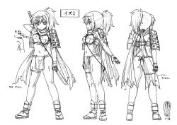 Rule 34 | 1girl, absurdres, armor, ass, bare legs, breastplate, breasts, character sheet, curvy, female focus, fundoshi, highres, izumi (queen&#039;s blade), japanese clothes, large breasts, long hair, looking at viewer, monochrome, multiple views, ponytail, queen&#039;s blade, queen&#039;s blade rebellion, scarf, shiny skin, sword, thighs, translation request, weapon