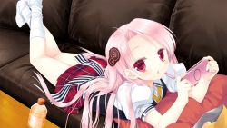 Rule 34 | 1girl, blush, chestnut mouth, chips (food), couch, feet, food, game cg, gangsta republica, handheld game console, long hair, miyasu risa, no shoes, non-web source, open mouth, pink hair, plaid, plaid skirt, playstation portable, potato chips, red eyes, sarka grossmanova, school uniform, skirt, socks, solo