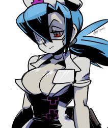 Rule 34 | 1girl, 770mk, bandage over one eye, blue hair, breasts, cleavage, cross, eyepatch, hat, large breasts, looking down, mask, mouth mask, nurse, nurse cap, ponytail, red cross, red eyes, skullgirls, spiked hair, standing, surgical mask, valentine (skullgirls), watermark, white background