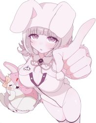 1girl :o blush bow breasts chi_gu cleavage danganronpa_(series) danganronpa_2:_goodbye_despair diaper ear_bow groin hair_ornament highres index_finger_raised large_breasts leotard monomi_(danganronpa) nanami_chiaki official_alternate_costume pink_eyes playboy_bunny simple_background solo spaceship_hair_ornament sweat unworn_hair_ornament white_background white_leotard