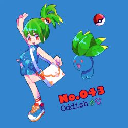Rule 34 | 1girl, arm up, bad id, bad pixiv id, bag, blue background, blue shirt, character name, creatures (company), english text, full body, game freak, gen 1 pokemon, green hair, leg up, medium hair, moemon, narumame, nintendo, oddish, open mouth, personification, poke ball, poke ball (basic), pokedex number, pokemon, pokemon (creature), red eyes, shirt, shorts, simple background, sleeveless, smile, standing