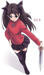 Rule 34 | 00s, 1girl, black hair, black thighhighs, blouse, blue eyes, crossed legs, face, fate/stay night, fate (series), from above, hand on own hip, kyo (kuroichigo), left-handed, long hair, red shirt, shirt, skirt, solo, standing, sword, thighhighs, tohsaka rin, turtleneck, twintails, two side up, watson cross, weapon, zettai ryouiki