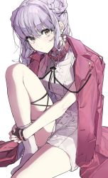 Rule 34 | 1girl, black ribbon, blush, bow, buttons, closed mouth, coat, coat on shoulders, collar, collared dress, double bun, dress, hair bow, hair bun, hand on own leg, highres, knee up, looking at viewer, original, own hands together, pink coat, pink collar, popped collar, purple hair, ribbon, short dress, short hair, sitting, socks, solo, wata (attaka towel), white background, white bow, white dress, white socks, yellow eyes