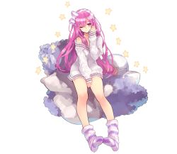 Rule 34 | artist request, fluffy legwear, fuzzy footwear, fuzzy socks, hair between eyes, highres, looking at viewer, official art, phantom of the kill, pillow, pink eyes, pink hair, solo, sweater, thighs, transparent background, tyrfing (phantom of the kill)