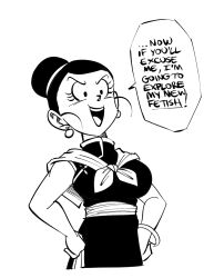 Rule 34 | 1girl, bracelet, breasts, chi-chi (dragon ball), china dress, chinese clothes, commentary, dragon ball, dragonball z, dress, earrings, english commentary, english text, funsexydb, hair bun, hands on own hips, highres, jewelry, large breasts, monochrome, neckerchief, open mouth, single hair bun, smile, solo, upper body