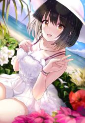 Rule 34 | 1girl, :d, beach, black hair, blue sky, blush, bracelet, breasts, brown eyes, bush, cleavage, cloud, collarbone, day, dress, flower, hand on own chest, hat, hibiscus, idolmaster, idolmaster cinderella girls, idolmaster cinderella girls starlight stage, jewelry, large breasts, looking at viewer, necklace, ocean, open mouth, outdoors, red flower, short hair, sitting, sky, sleeveless, sleeveless dress, smile, solo, sun hat, takafuji kako, toho (kihon ha yappa), v, water, white dress, white flower, white hat, yellow eyes