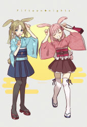 2girls ^_^ absurdres animal_ears bag black_pantyhose blue_eyes blue_shoes blue_skirt brown_hair brown_shoes closed_eyes dango food grin highres holding holding_bag holding_food kaisake_(utp) multiple_girls original pantyhose pink_hair pleated_skirt rabbit_ears red_skirt sanshoku_dango shoes skirt smile star_(symbol) teeth thighhighs wagashi white_thighhighs wide_sleeves