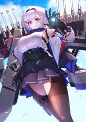 Rule 34 | 1girl, absurdres, azur lane, bare shoulders, black hairband, black skirt, blue collar, blue eyes, breasts, cannon, collar, commentary request, covered erect nipples, cowboy shot, crotchless, crotchless pantyhose, detached sleeves, eagle union (emblem) (azur lane), hair ornament, hairband, hairclip, highres, huge filesize, itaco, large breasts, looking at viewer, machinery, metal gloves, pantyhose, parted hair, pleated skirt, reno (azur lane), see-through, shirt, sideboob, skirt, sleeveless, sleeveless shirt, smile, solo, white shirt