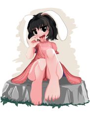 Rule 34 | 1girl, absurdres, animal ears, barefoot, black eyes, black hair, blush, commentary request, convenient skirt, dress, fellatio gesture, fingernails, floppy ears, frilled sleeves, frills, full body, hair between eyes, highres, inaba tewi, looking at viewer, medium bangs, nail polish, open mouth, pink dress, pink nails, puffy short sleeves, puffy sleeves, rabbit ears, rabbit girl, ribbon-trimmed dress, rock, ryo (ryopics), short hair, short sleeves, sitting, smile, solo, toenail polish, toenails, tongue, tongue out, touhou, white background