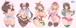 Rule 34 | 5girls, adapted costume, areola slip, ass, bad id, bad pixiv id, baseball cap, belly piercing, bellybutton piercing, bike shorts, bike shorts under shorts, bikini, blonde hair, blue eyes, bow, breasts, brown hair, cleavage, clothes lift, covered erect nipples, creatures (company), cropped legs, game freak, gloria (pokemon), hair bow, hat, highleg, highleg swimsuit, highres, hilda (pokemon), huge ass, large breasts, looking at viewer, may (pokemon), micro bikini, micro shorts, microskirt, multiple girls, nail polish, naughty face, navel piercing, nintendo, one-piece swimsuit, pantyhose, pasties, piercing, poke ball symbol, pokemon, pokemon (anime), pokemon bw, pokemon bw2, pokemon oras, pokemon swsh, pokemon xy (anime), ponytail, revealing clothes, rosa (pokemon), serena (pokemon), shiny skin, shirt lift, shorts, skirt, smile, swimsuit, tam o&#039; shanter, thigh gap, thong, underboob, visor cap, wide hips, x-t3al