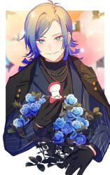 Rule 34 | 1boy, black gloves, black jacket, black shirt, blonde hair, blue eyes, blue flower, blue hair, blue jacket, blue lock, box, flower, formal, gloves, gradient hair, hand up, holding, holding box, jacket, jacket on shoulders, jewelry, long hair, long sleeves, looking at viewer, male focus, michael kaiser, multicolored hair, necklace, nokcha26, ring, ring box, shirt, smile, solo, two-tone hair, upper body