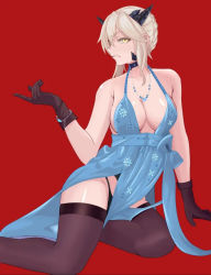 Rule 34 | 1girl, artoria pendragon (lancer alter) (fate), artoria pendragon (lancer alter) (royal icing) (fate), black panties, fate/grand order, fate (series), gloves, horns, panties, royal icing, thighhighs, underwear, white hair, yellow eyes