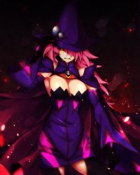 Rule 34 | 1girl, angry, artist request, bad id, bad pixiv id, blazblue, blazblue: central fiction, breasts, cape, cleavage, gloves, hair over one eye, hand on headwear, hat, highres, konoe a. mercury, large breasts, long hair, lor (roasyerizyonirapi), red hair, slit pupils, solo, thighhighs, witch hat, yellow eyes