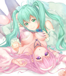 Rule 34 | 2girls, :o, blue bow, blue neckwear, bow, grabbing another&#039;s breast, breasts, cleavage, collarbone, detached sleeves, frilled sleeves, frills, grabbing, green eyes, green hair, grey legwear, grey skirt, grey sleeves, hair between eyes, hair bow, hairband, hatsune miku, long hair, long sleeves, looking at viewer, medium breasts, megurine luka, miniskirt, multiple girls, pink hair, pink sleeves, purple eyes, skirt, smile, thighhighs, twintails, very long hair, vesper (pixiv3568), vocaloid, white hairband
