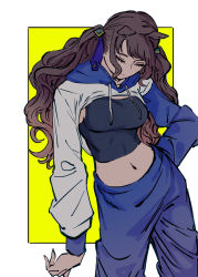 Rule 34 | 1girl, animal ears, arm at side, blue pants, breasts, brown hair, closed eyes, closed mouth, clothes lift, feet out of frame, hand on own hip, highres, hood, hood down, hoodie, hoodie lift, horse ears, long hair, medium breasts, midriff, navel, otimusyairoha, pants, solo, standing, tank top, tosen jordan (umamusume), twintails, umamusume