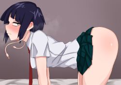 Rule 34 | 1girl, absurdres, all fours, ass, audio jack, black eyes, black hair, blush, boku no hero academia, breasts, breath, closed mouth, clothes lift, ear blush, earphones, ekibyoudayo, extra ears, from side, green skirt, highres, jirou kyouka, looking back, miniskirt, necktie, pleated skirt, red necktie, school uniform, shirt, short hair, short sleeves, skirt, skirt lift, small breasts, solo, sweat, thighs, white shirt