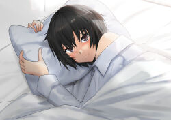 Rule 34 | 1girl, amagami, bed sheet, black hair, blush, brown eyes, closed mouth, commentary, dress shirt, from above, hair between eyes, highres, holding, holding pillow, looking at viewer, looking up, lying, naked shirt, nanasaki ai, nose blush, on side, pillow, shirt, short hair, single bare shoulder, smile, solo, under covers, upper body, white shirt, yoo tenchi
