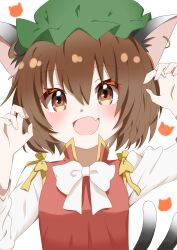 Rule 34 | 1girl, :d, absurdres, animal ear piercing, animal ears, arm up, blush, bow, bowtie, breasts, brown eyes, brown hair, cat ears, cat tail, chen, commentary request, earrings, fang, fingernails, gold trim, green hat, hair between eyes, hands up, happy, hat, highres, jewelry, long sleeves, looking at viewer, mob cap, multiple tails, nekomata, open mouth, red vest, short hair, simple background, single earring, skin fang, small breasts, smile, solo, suzuki niboshi, tail, touhou, two tails, upper body, vest, white background, white bow, white bowtie