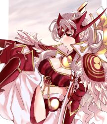 Rule 34 | 1girl, absurdres, adapted costume, armor, armored boots, boots, breasts, cape, cleavage, cleavage cutout, clothing cutout, corrin (female) (fire emblem), corrin (fire emblem), cosplay, ear piercing, fire emblem, fire emblem fates, grey hair, highres, japanese clothes, large breasts, long hair, nintendo, piercing, pointy ears, red eyes, ryoma (fire emblem), ryoma (fire emblem) (cosplay), simple background, solo, sou mei