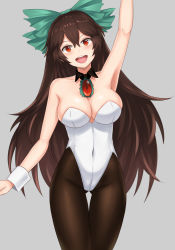 Rule 34 | 1girl, :d, absurdres, alternate costume, arm up, armpits, bare arms, bare shoulders, blush, bow, breasts, brown hair, brown pantyhose, chinese commentary, cleavage, collarbone, commentary request, covered navel, cowboy shot, detached collar, gluteal fold, green bow, grey background, hair between eyes, hair bow, head tilt, highres, large breasts, leotard, long hair, open mouth, pantyhose, playboy bunny, red eyes, reiuji utsuho, revision, simple background, smile, solo, standing, thighs, touhou, very long hair, wing collar, wrist cuffs, wuwusan