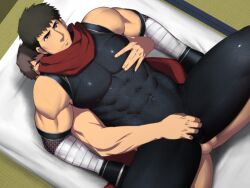 Rule 34 | 2boys, bandaged arm, bandages, bara, black bodysuit, black hair, bodysuit, closed mouth, completely nude, covered abs, covered erect nipples, indoors, large pectorals, lying, lying on person, male focus, multiple boys, muscular, muscular male, nude, on back, original, pectorals, red scarf, scarf, short hair, shunta (syunta 87), spread legs, testicles, yaoi