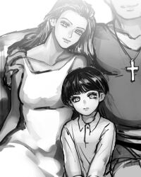 Rule 34 | 1girl, 2boys, aged down, breasts, closed mouth, collarbone, commentary request, cross, cross necklace, dress, family, giorno&#039;s mother, giorno giovanna, hand on another&#039;s shoulder, haruno shiobana, head tilt, husband and wife, jewelry, jojo no kimyou na bouken, large breasts, light smile, lips, long hair, long sleeves, looking at viewer, monochrome, mother and son, multiple boys, necklace, pants, shirt, short hair, sitting, vento aureo, zakki