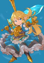 Rule 34 | &gt;:), 1girl, armor, armored boots, armored dress, blonde hair, blue background, blue dress, blue eyes, boots, breastplate, charlotta (granblue fantasy), closed mouth, commentary request, crown, dress, frilled dress, frills, full body, gauntlets, granblue fantasy, harvin, highres, holding, holding sword, holding weapon, long hair, mini crown, nikukaiq, outstretched arm, over shoulder, pleated dress, pointy ears, puffy short sleeves, puffy sleeves, short sleeves, smile, solo, standing, sword, sword over shoulder, v-shaped eyebrows, very long hair, weapon, weapon over shoulder