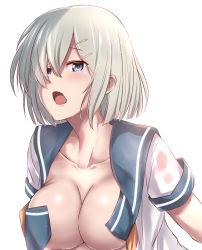 Rule 34 | 10s, 1girl, :o, blue eyes, blush, breasts, cleavage, collarbone, fang, hair ornament, hair over one eye, hairclip, hamakaze (kancolle), kantai collection, large breasts, looking at viewer, open clothes, open mouth, school uniform, serafuku, short hair, short sleeves, silver hair, simple background, solo, tai (nazutai), upper body, white background