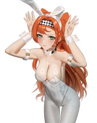 Rule 34 | 1girl, :3, absurdres, animal ears, anoreika tomoe, armband, blush, bow, bowtie, braid, breasts, checkered clothes, checkered headwear, cleavage, covered navel, cowboy shot, fake animal ears, green eyes, hairband, hands up, highres, large breasts, leotard, long hair, looking at viewer, orange hair, pantyhose, pink lips, playboy bunny, rabbit ears, reverse:1999, simple background, solo, sonetto (reverse:1999), white background, white bow, white bowtie, white leotard, wrist cuffs