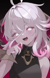 Rule 34 | 1girl, ahoge, blue nails, briar (league of legends), collared shirt, colored sclera, colored skin, fangs, fingernails, gradient background, grey hair, hair between eyes, highres, hirami03, league of legends, long hair, looking at viewer, multicolored hair, nail polish, no pupils, open mouth, pink hair, pointy ears, red sclera, sharp fingernails, sharp teeth, shirt, simple background, sleeveless, solo, streaked hair, teeth, two-tone hair, upper body, vampire, white eyes, wrist cuffs