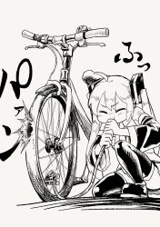 Rule 34 | 1girl, ahoge, air pump, bicycle, blowing, boots, cheek bulge, chilei ohtzu, closed eyes, collared shirt, commentary request, detached sleeves, failure, flat tire, greyscale, hair ornament, hatching (texture), hatsune miku, highres, holding, light blush, monochrome, necktie, number tattoo, on one knee, pleated skirt, popping, shirt, shoulder tattoo, simple background, skirt, sleeveless, sleeveless shirt, solo, sound effects, tattoo, thigh boots, tire, translation request, twintails, v-shaped eyebrows, vocaloid